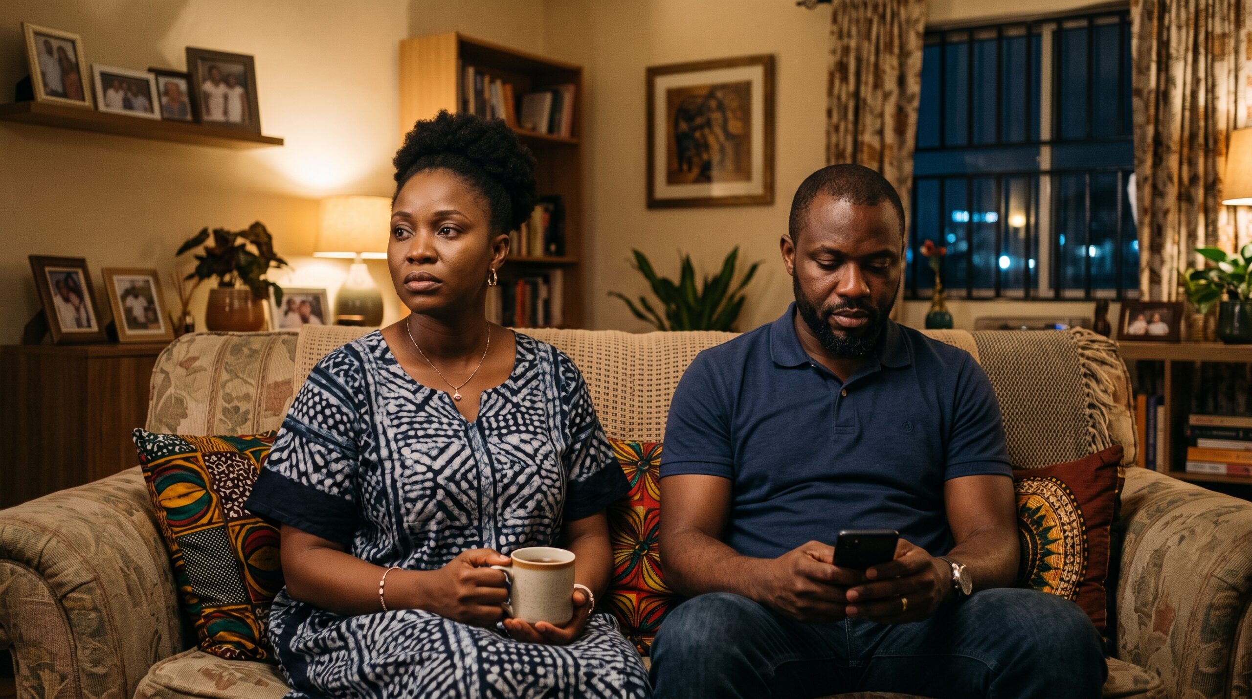 Nigerian married couple reconnecting at home